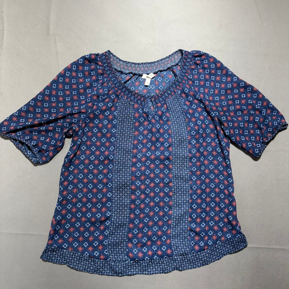 Dressbarn Woman Blue Geometric Diamond Smocked Neck Peasant Blouse 1X Top